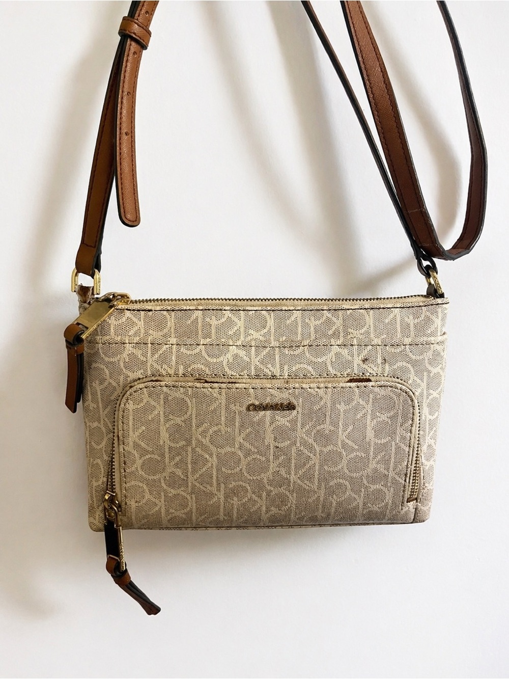 Calvin Klein Beige Logo Crossbody with Brown Strap